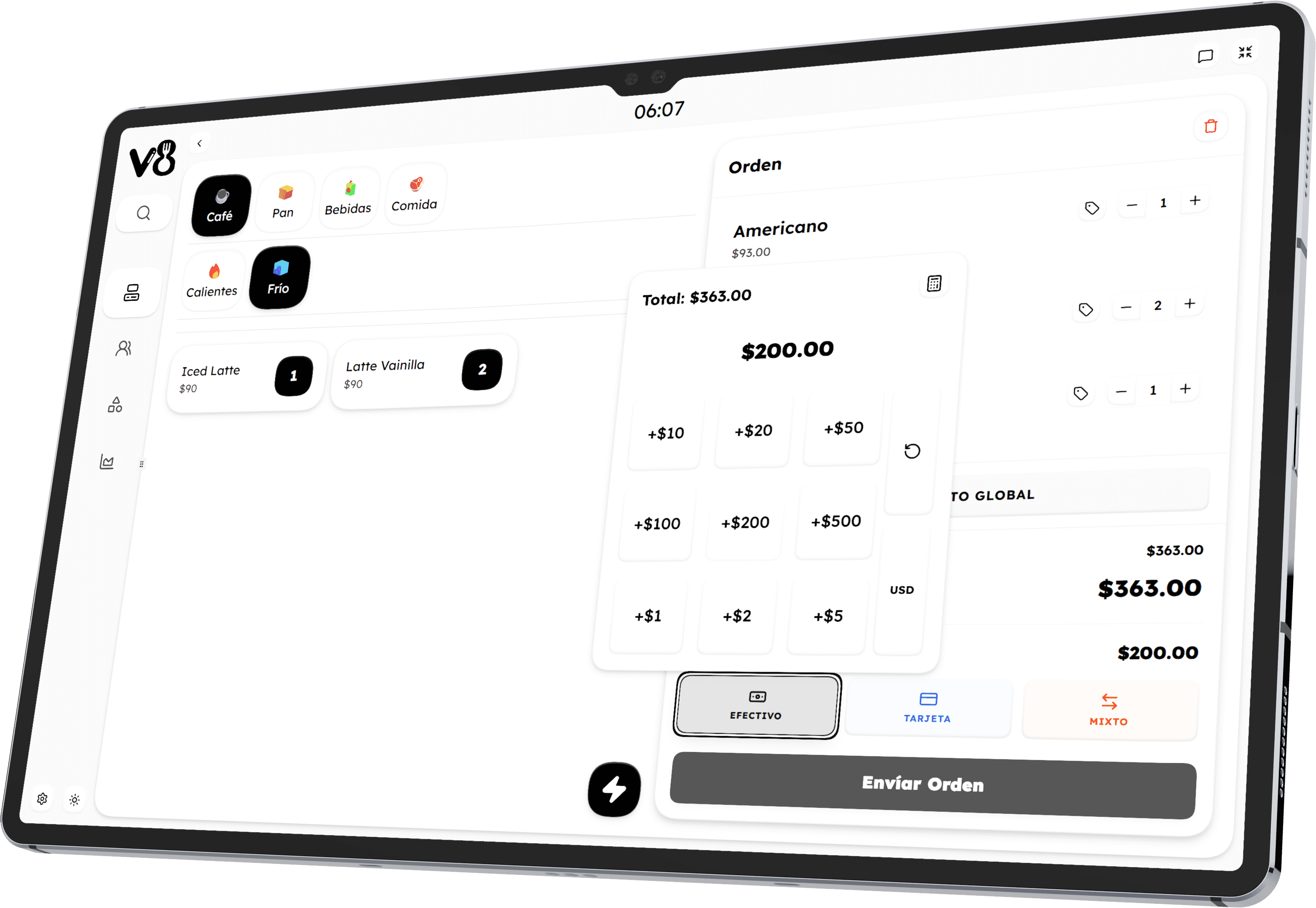 V8 por Zibu, Software para restaurantes modo oscuro